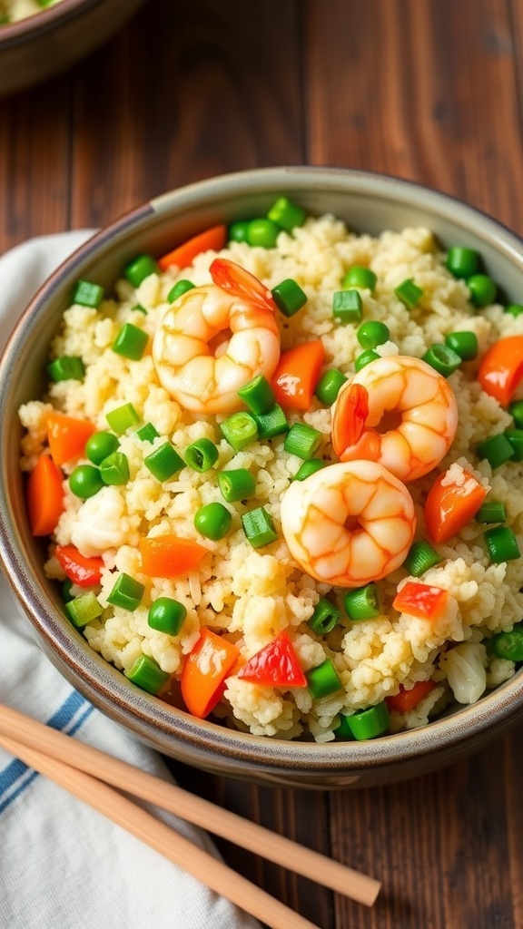 Shrimp cauliflower fried rice with peas, carrots, and green onions in a bowl, garnished with green onions.